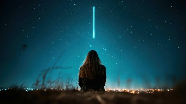 A young woman sits peacefully, gazing up at a stunning starry sky illuminated by a striking beam of light, evoking a sense of wonder, introspection, and connection to the universe.