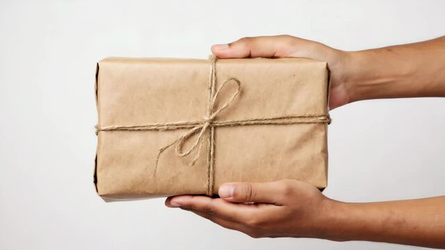 Hands holding kraft paper package with twine bow.