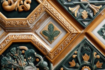 Obraz premium Intricate geometric ceramic tile design with floral motifs and leaf patterns