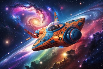 A Vibrant Spaceship Journeying Through a Colorful Sea of Stars and Astonishing Galaxies