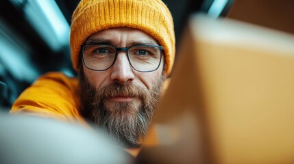 A close-up portrait of a thoughtful bearded man wearing glasses and a bright yellow beanie, capturing an expression of contemplation and creativity in an urban setting.