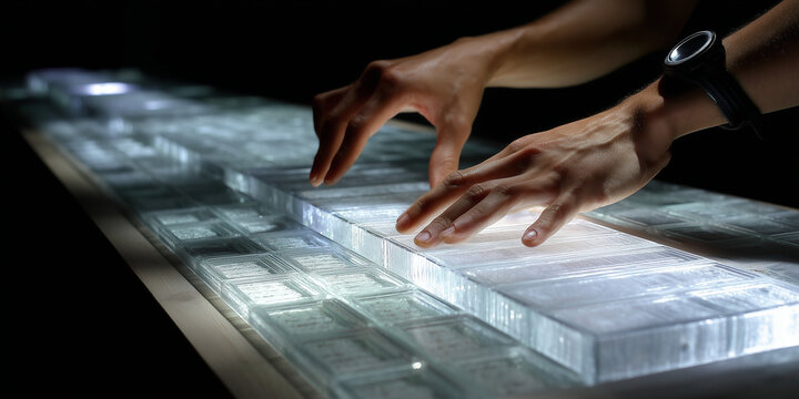  Wrist gestures control pulsing segmented frequencies on a transparent desk.
