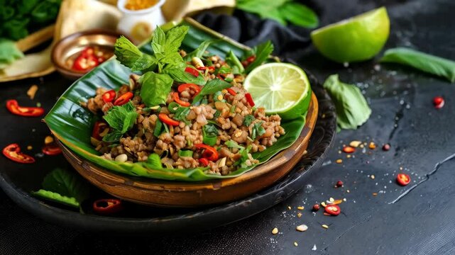 Steaming Laotian larb, a spicy minced meat salad with lime and herbs, served in a traditional banana leaf bowl