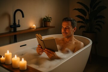 Mid-aged Caucasian man relaxing in a bathtub filled with foam, reading a book. Soft candlelight, a calming atmosphere in a minimalist Scandinavian setting. Male self-care