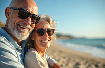 Happy senior couple on beach enjoy summer vacation. Smiling old man, woman wearing sunglasses at seaside. Elderly people relax, travel, enjoy sunny day. Retirement, love, happiness, lifestyle.