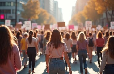 Diverse group of women march city street, holding signs. Protest for equality, rights, social change, empowerment. Public demonstration, urban gathering, women march, feminism, community solidarity.