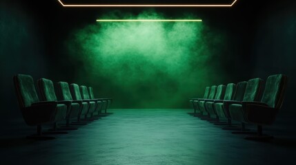 The image captures a dark room filled with green smoke, creating a mysterious atmosphere suited for cinema, evoking feelings of suspense and intrigue in viewers.