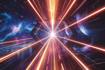 Naklejka premium Vibrant Sci-Fi Fusion Design with Light Trails and Nebula Shapes