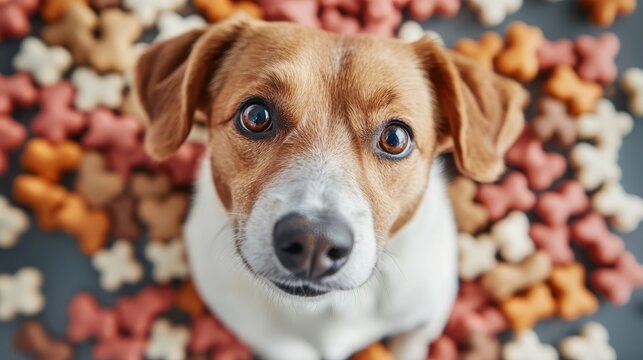 An adorable dog looks curiously at a carpet of dog treats in various shapes, representing playfulness and affection, inviting a feeling of warmth and companionship.
