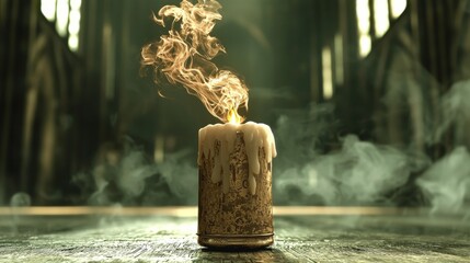 A candle with a flame and dripping wax sits on a wooden table in a dimly lit room.