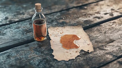 A bottle of amber liquid sits on a weathered map, with a cork stopper and a small amount of liquid spilled onto the map.