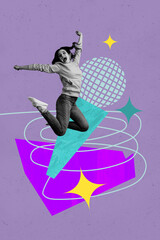 Vertical art creative full zine photo collage of happy girl guy dance weekend karaoke event...