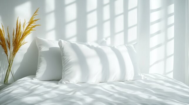 A serene bedroom scene featuring fluffy white pillows and delicate shadows cast by sunlight through a sheer curtain, promoting a feeling of calmness and comfort.