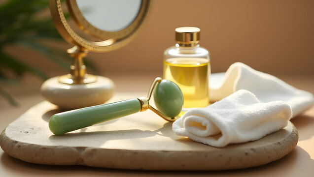 Aesthetic morning beauty routine still life featuring a jade roller, essential oil, soft white towel and a mirror