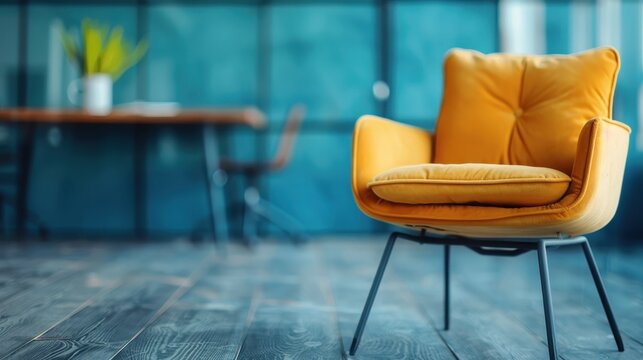 A bright yellow chair stands out in a stylish office interior, perfectly complementing the elegant design elements and evoking a sense of comfort and creativity in workspace.
