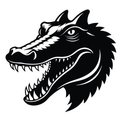 A striking black shows an alligator head with mouth open and sharp teeth