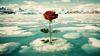 A lone red rose blooms amidst a sea of ice, with snow-capped mountains in the distance.