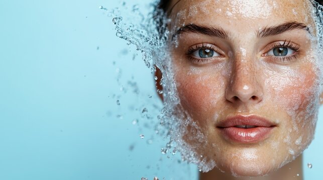 An exquisite portrait of a woman with water splashing around her face, representing freshness, beauty, and the natural allure of skin surrounded by a serene background.