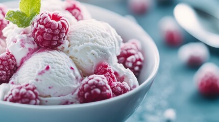 A bowl filled with luscious raspberry ice cream adorned with fresh raspberries, presenting a tempting treat full of sweetness and a touch of freshness and warmth.