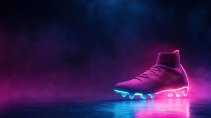 A sporty football boot illuminated with neon pink and blue lights stands out against a smoky background, symbolizing speed, performance, and modern athletic design for sports enthusiasts.