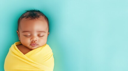 Sleeping Newborn: A serene and heartwarming portrait of a newborn baby peacefully sleeping, gently swaddled in a cozy blanket against a calming backdrop.