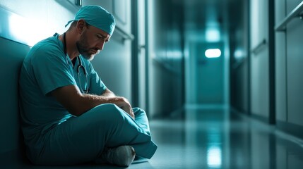 A pensive doctor sits on the floor of a hospital corridor, illustrating the emotional weight and stress often felt in the medical profession and the challenges of healthcare workers.
