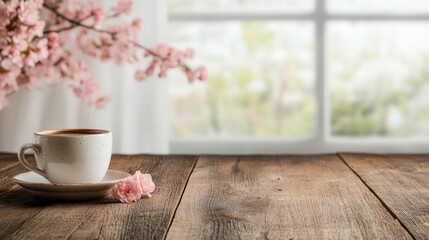 A tranquil scene featuring a coffee cup beside blooming cherry blossoms, encapsulating the essence of relaxation, warmth, and natural beauty in a cozy atmosphere.