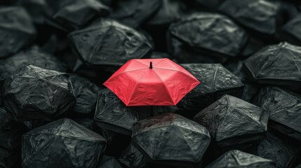 A single red umbrella stands out against a sea of black umbrellas.