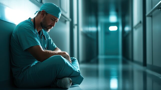 A pensive doctor sits on the floor of a hospital corridor, illustrating the emotional weight and stress often felt in the medical profession and the challenges of healthcare workers. - Powered by Adobe