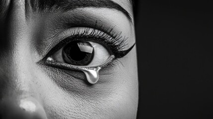 A Black and White Close-up of a Woman's Eye with Tears