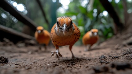 A close-up perspective of vibrant orange birds walking along a sandy path surrounded by lush greenery, capturing the essence of wildlife in a natural setting.