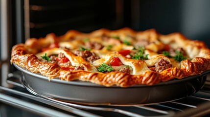 This mouthwatering meat pie features a golden crust, savory filling with beef and vegetables, showcasing the artistry of home baking in an inviting kitchen setting.