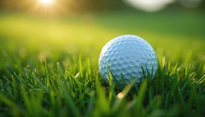 Obraz premium Macro golf ball on green grass of golf course. Sunny daylight on golf course. Golf sport recreation. Close-up of white golf ball in focus at golf club field.