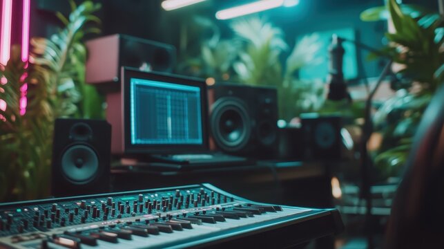 This contemporary music production space is filled with advanced audio equipment, creating an inspiring atmosphere for artists to compose and produce amazing music tracks.