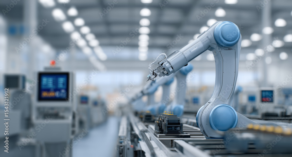 Aufkleber A robotic arm operates efficiently in a transport facility, managing cargo on a conveyor belt. The environment features advanced navigation technology and tracking systems for seamless operations.