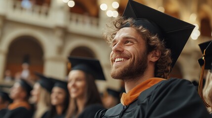 Fototapeta premium A joyful young man in a graduation cap and gown beams with pride as he celebrates his achievements among fellow graduates at an academic graduation ceremony.