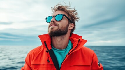A man dressed in a bright jacket looks out to the ocean, embodying a sense of adventure and freedom as he enjoys the beauty and tranquility of sailing on the open water.