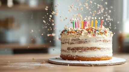 A beautifully frosted birthday cake adorned with vibrant candles, capturing the spirit of celebration, joy, and sweet indulgence for special occasions.
