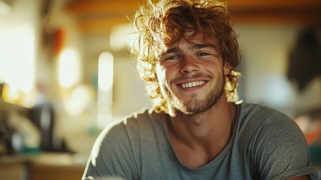 A happy young man is smiling joyfully, surrounded by warm sunlight that enhances his natural charm and carefree spirit, reflecting positivity and approachability.