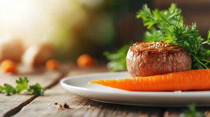 A beautifully plated beef steak garnished with a fresh carrot, set against a rustic wooden background, reflecting culinary art and the joy of fine dining.