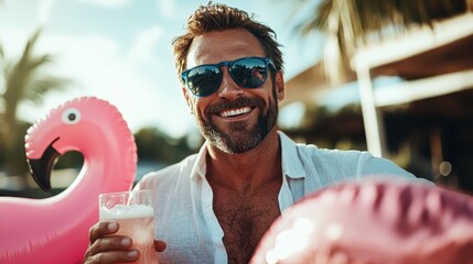 A cheerful man with sunglasses and a drink smiles widely at a vibrant poolside gathering, capturing the essence of fun, leisure, and summer joy in this lively atmosphere.