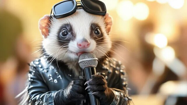 Rockstar ferret wearing sunglasses and leather jacket singing with microphone