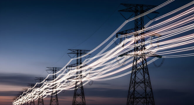 Power lines stretch from towering structure, delivering electricity through grid. High-voltage transmission, energy flow, and utility infrastructure at work