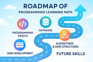 Digital Learning Roadmap: A vibrant, graphic representation of a programming learning path, highlighting key stages from basic coding to advanced algorithms.