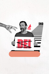 3D collage poster template trend sketch of aged man confused upset hold placard stop dei equal...