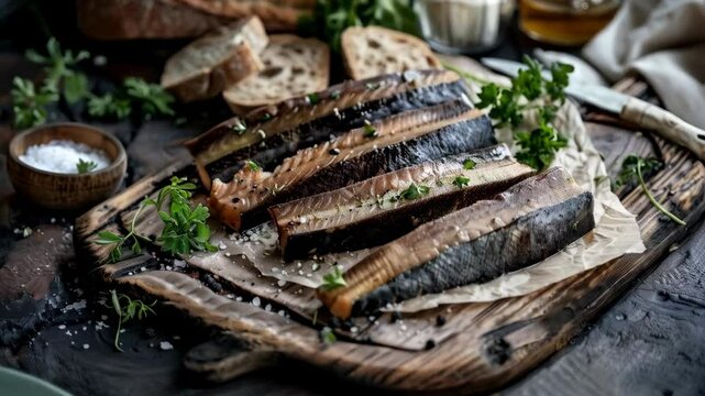 Hakarl, Iceland's fermented shark delicacy, served on rye bread. A strong-flavored Icelandic appetizer for the adventurous eater