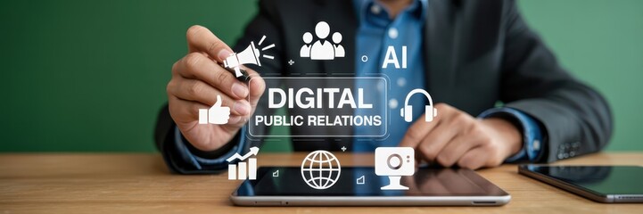 Person interacting with a digital interface showing digital public relations concepts.