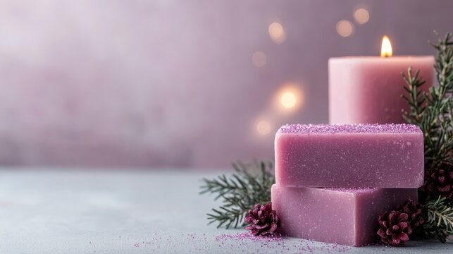An artistic arrangement of purple candles and soaps beside fresh greenery creates a serene ambiance, ideal for relaxation and self-care routines or gifts.