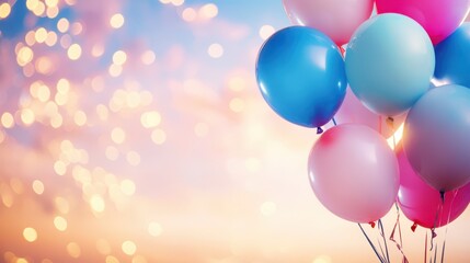 Colorful Balloons in Sky: A cluster of pastel-colored balloons floats against a vibrant bokeh sky, evoking feelings of joy, celebration, and dreams.