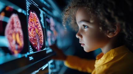 A curious child gazes at advanced brain imagery displayed on a screen, representing the intersection of curiosity and technology in understanding health and science.